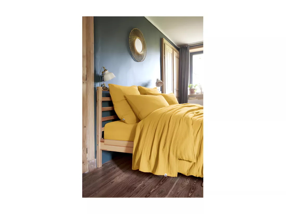 Drap plat 240 x 300 cm en double gaze de coton jaune - PEPA