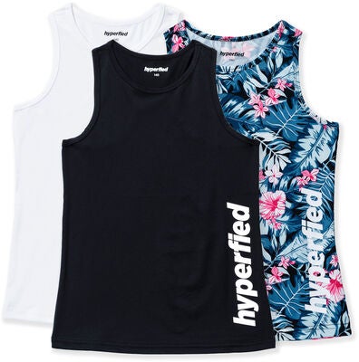 Hyperfied Split Tank Top 3-pack, Black/White/Tropical Flower