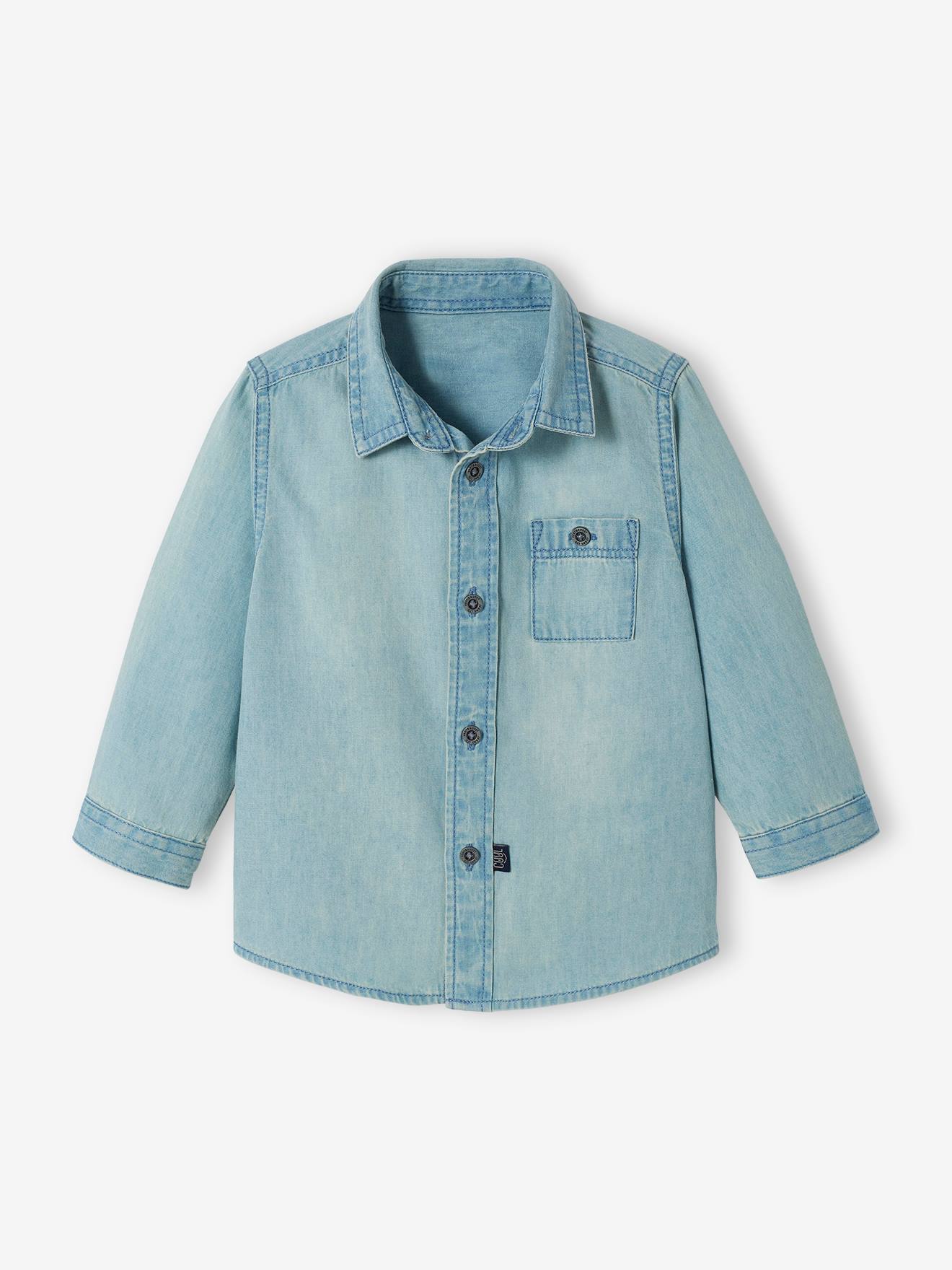 Camisa jeans personalizável para bebê menino, lavagem azul clara