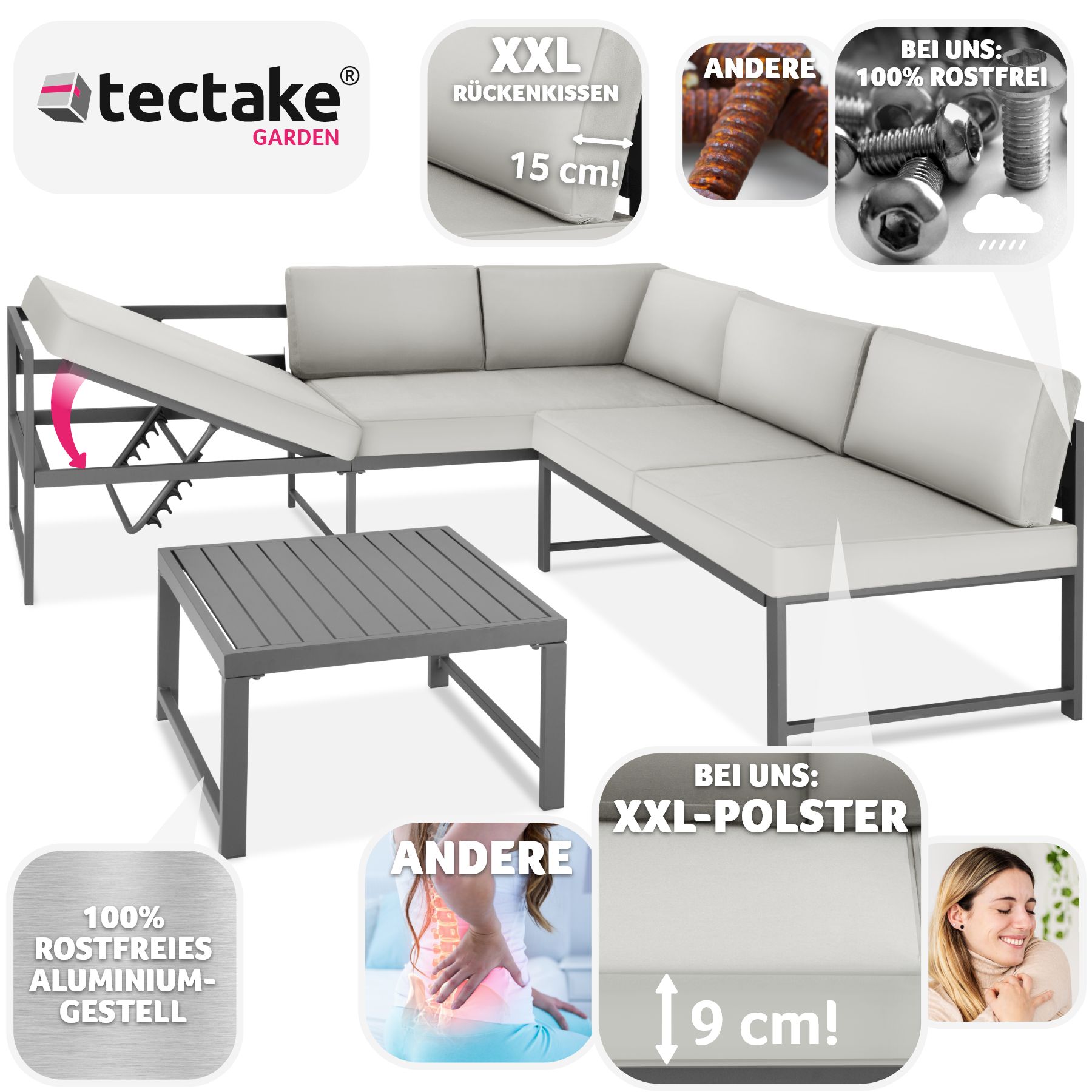 tectake® Sitzgruppe, aus Aluminium, 6-fach verstellbare Rückenlehne, bodenschonende Kunststofffüße