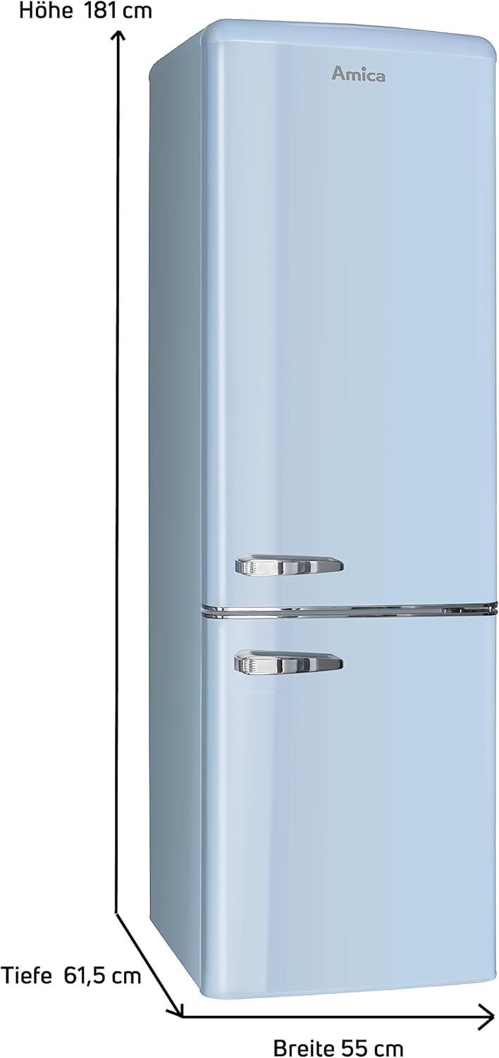 Amica KGCR 387 100 L Retro Kühl-/Gefrierkombination / Baby Blue (Hellblau) / 181cm (H) x 55cm (B) x 62cm (T) / Retro-Design / Kühlschrank mit Gefrierfach