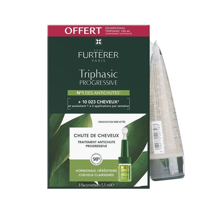 Progressive Traitement Anti-chute x8 ampoules Triphasic + Shampooing Stimulant antichute Offert René Furterer