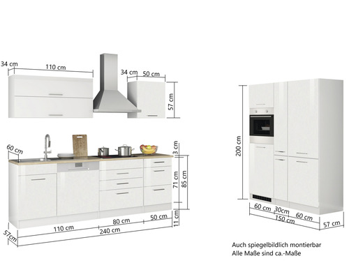 Held Furniture keukenblok met apparatuur Milan 390 cm wit hoogglans gedemonteerd omkeerbaar model 637.1.6210