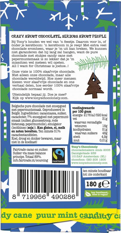 Tony's Chocolonely - Kerstboom Chocolade - Pure Chocolade met Mint Candy - 1 x 180 Gram