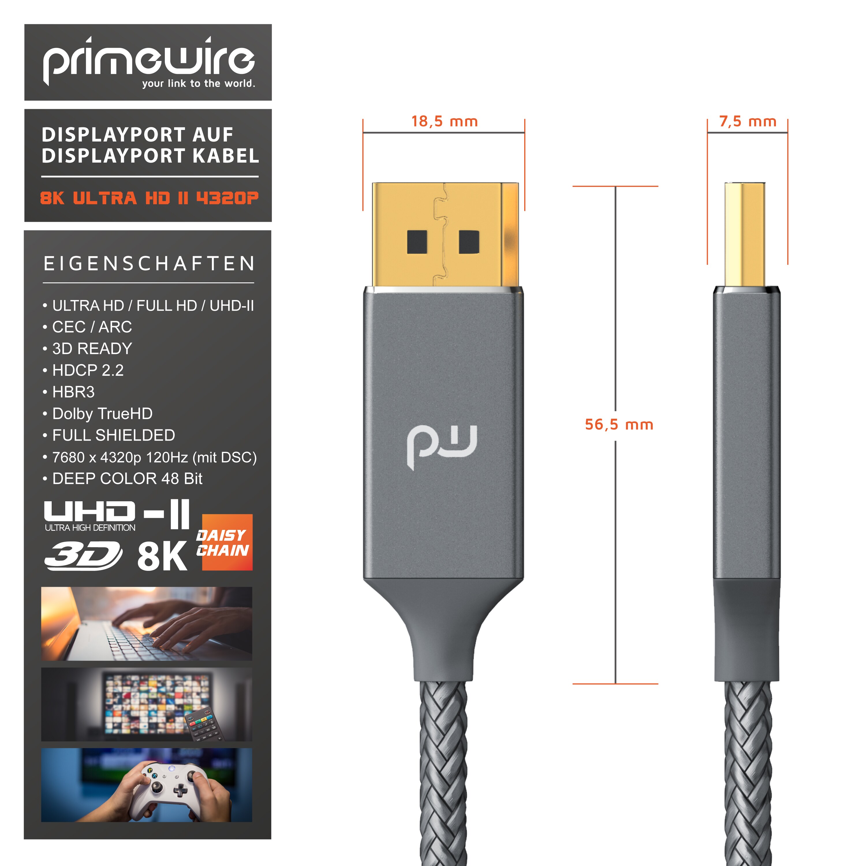 Primewire Premium DisplayPort auf DisplayPort Kabel mit Nylonummantelung 8K 7680 x 4320 @ 60 Hz mit DSC - 1m