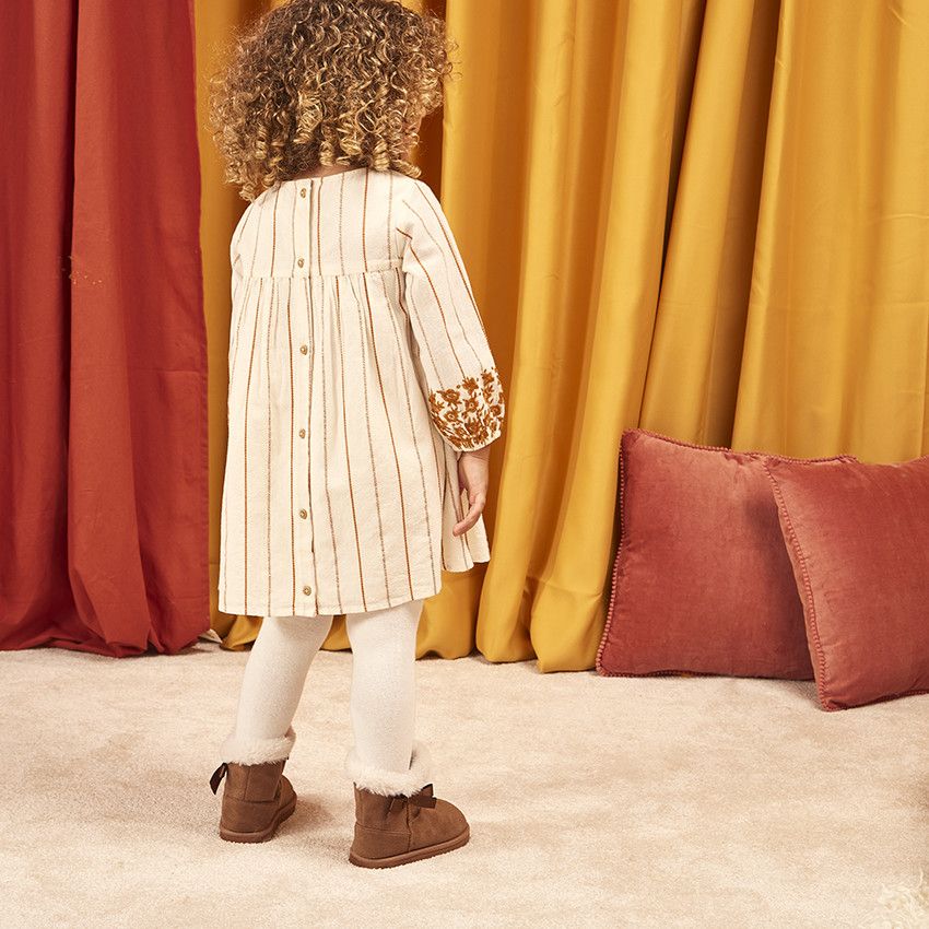 Robe manches longues à rayures brodées pour bébé fille - Ecru