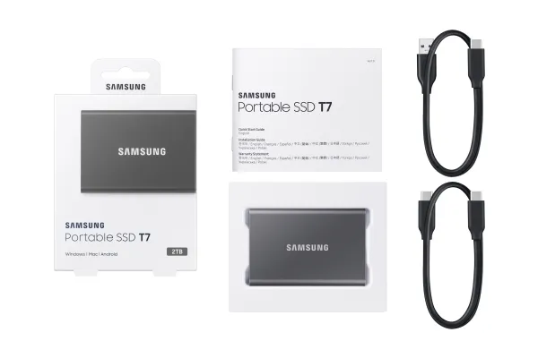Samsung T7 MU-PC2T0T - SSD - krypteret - 2 TB - ekstern (bærbar) - USB 3.2 Gen 2 (USB-C stikforbindelse) - 256-bit AES - titan grå