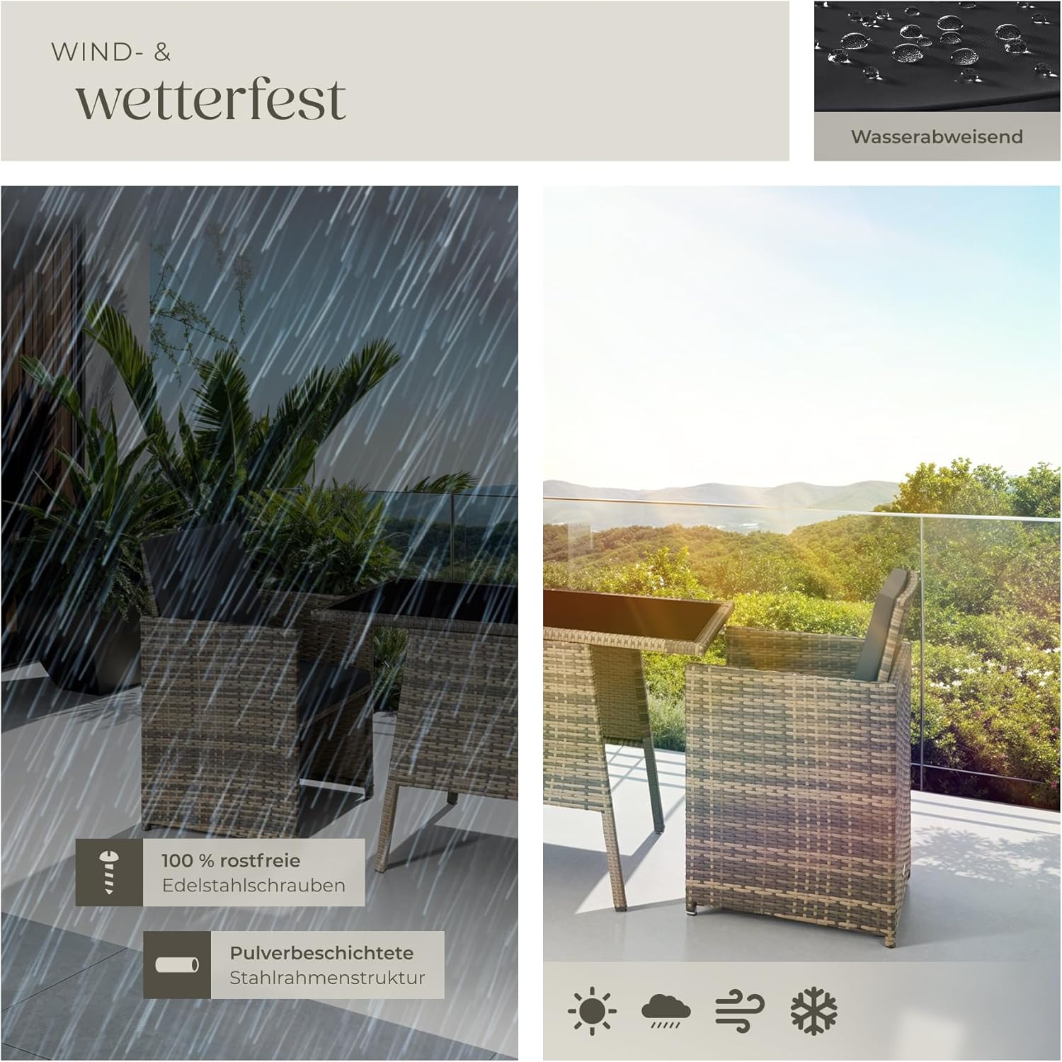 tectake® Poly Rattan Sitzgruppe für 2 Personen, Outdoor Möbel platzsparend zusammenschiebbar, 2 Sessel & 1 Tisch, ideales Balkon Lounge Set, Gartenmöbel, Terrassenmöbel wetterfest - Natur
