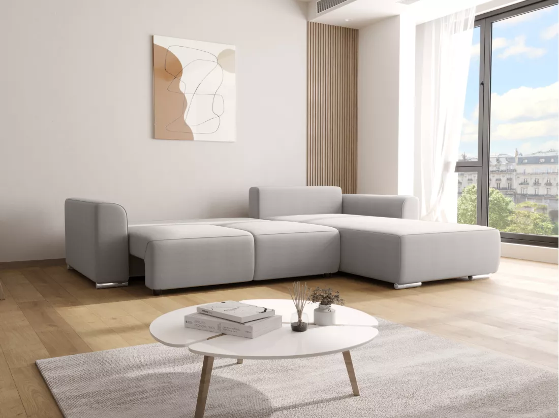 Canapé d'angle convertible et réversible en tissu gris clair MELTANA