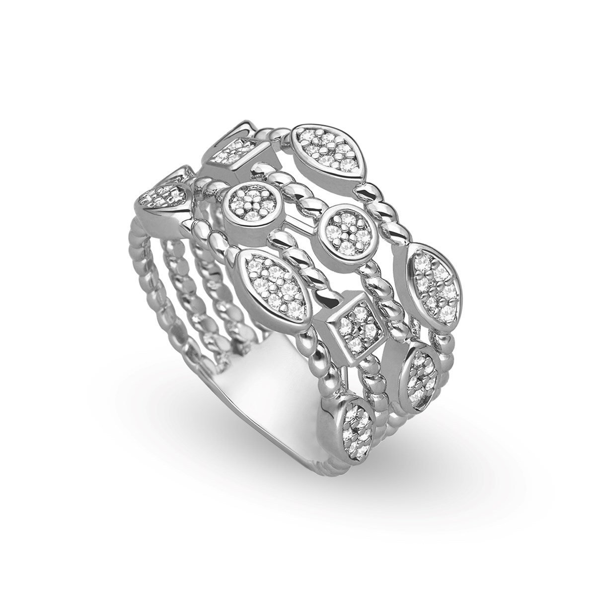Bague Argentée Multi Anneau Motifs Géométriques