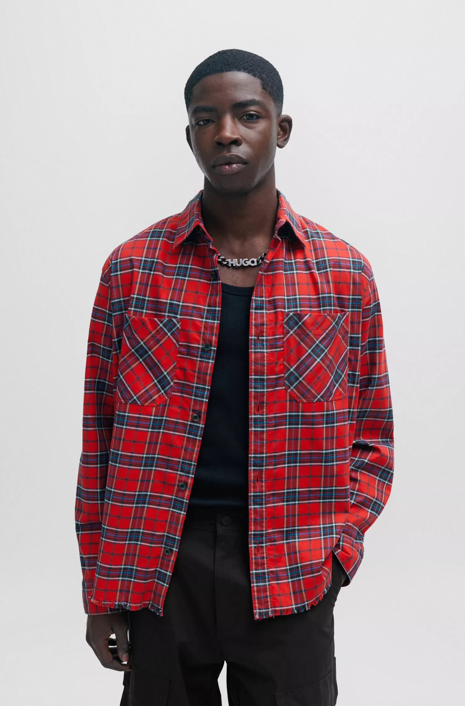 Camisa HUGO vermelha de modelagem oversized em algodão stretch xadrez.