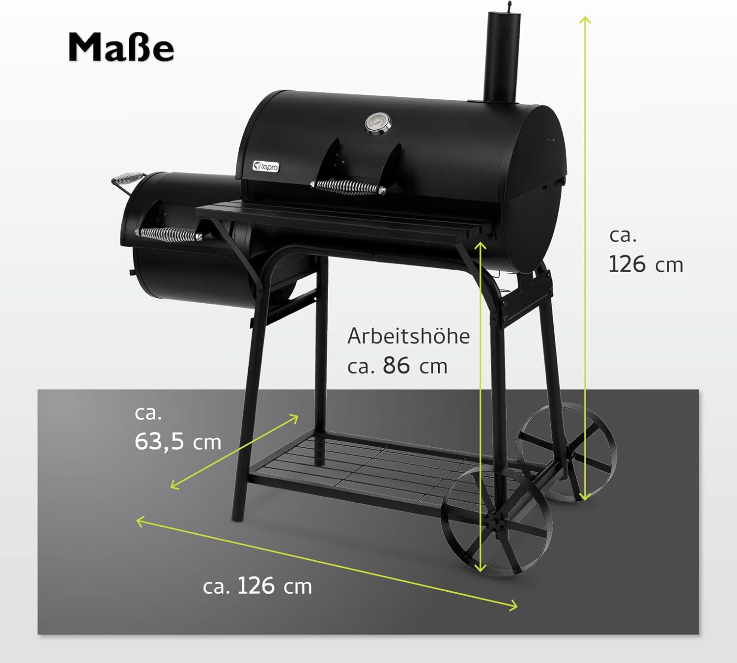 tepro BBQ Smoker Grill Biloxi, Holzkohle Grillwagen mit 2 Grillkammern, Räder und Thermometer im Deckel, Maße ca. 126 x 63,5 x 126 cm, Schwarz