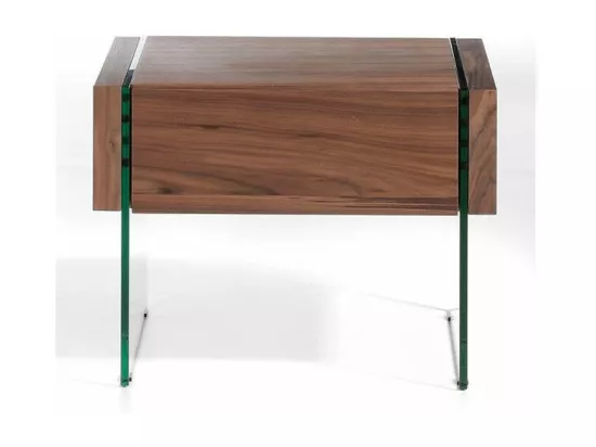 Meuble d'appoint 1 tiroir bois noyer et pieds verre trempé Roka