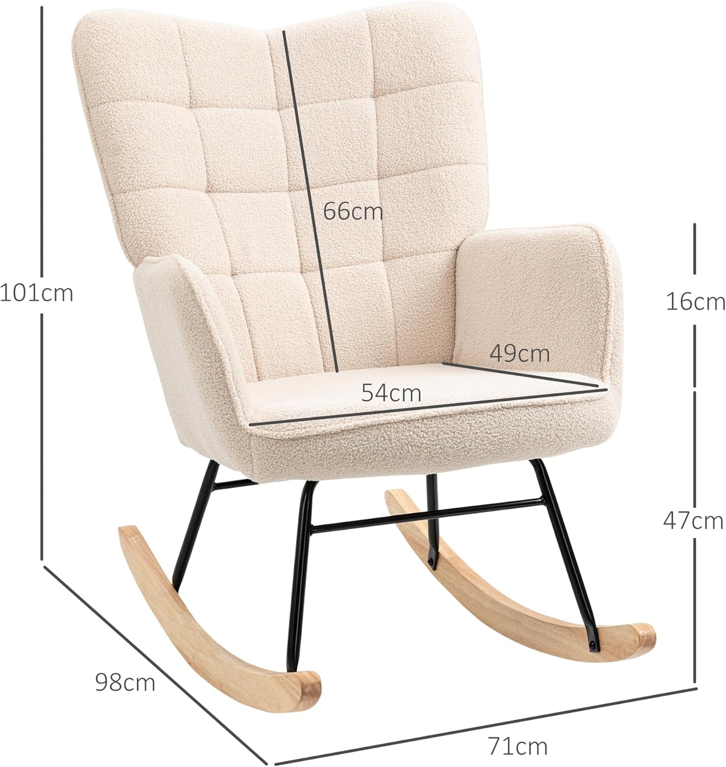 HOMCOM Schaukelstuhl, Schaukelsessel mit Berbervliesoptik, Armlehne, Gepolsterter Sessel mit Holzkufen, Relaxsessel für Wohnzimmer, Schlafzimmer, bis 120kg belastbar, Beige