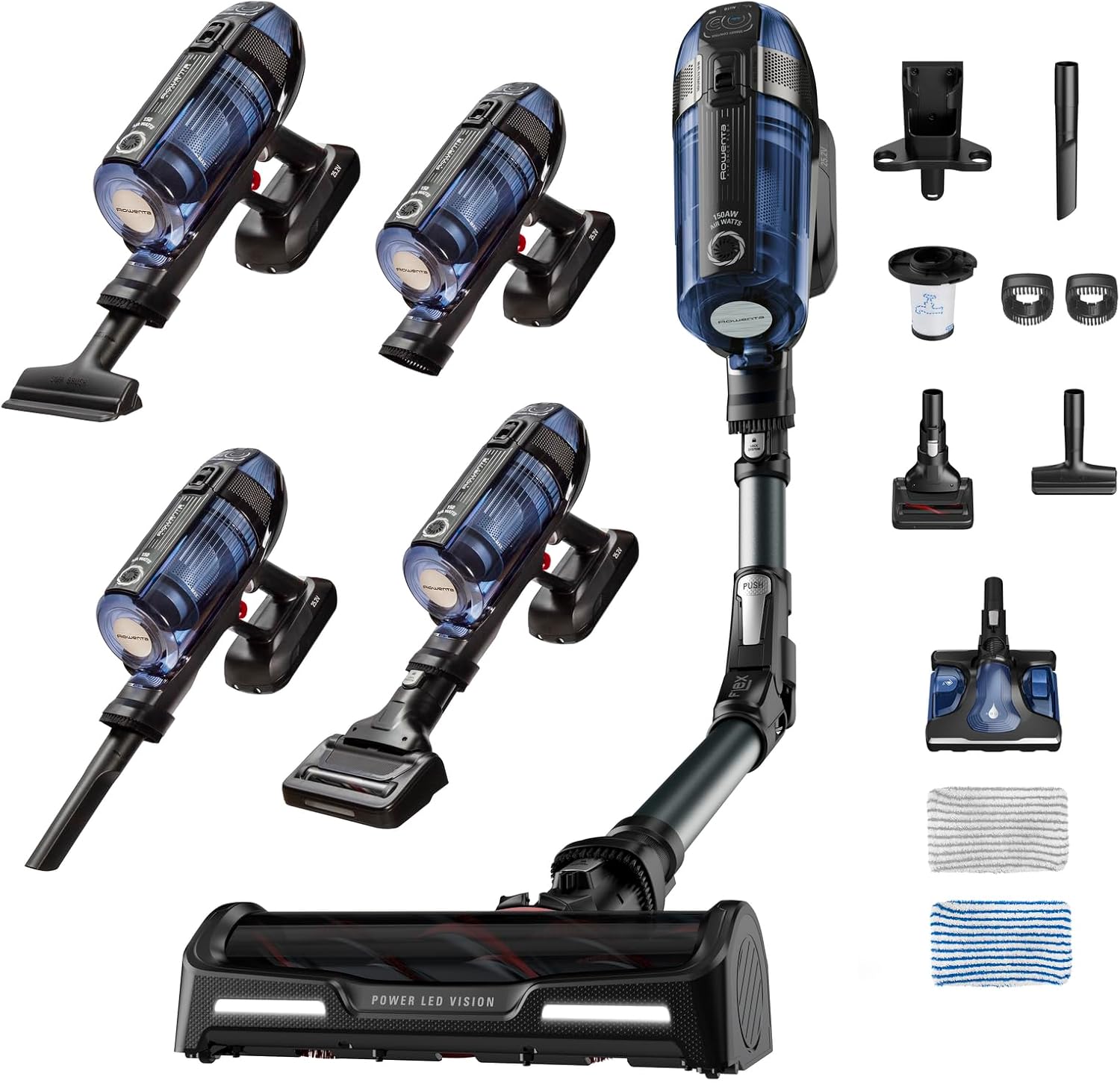 Rowenta X-Force Flex 12.60 Aqua kabelloser Akku-Stabstaubsauger, 150 Air Watt, bis zu 45 Min. Laufzeit, 2-in-1 Reinigung, inkl. Aqua Düse, Flex-Gelenk, LED-Düse, Blau-Schwarz, RH98C8