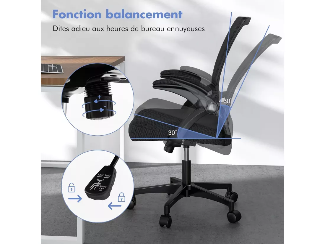Chaises de Bureau Ergonomique, Chaises de Conférence Pivotante Réglable en Maille avec Accoudoirs Rabattables, Dossier à Bascule à 30°, Noir