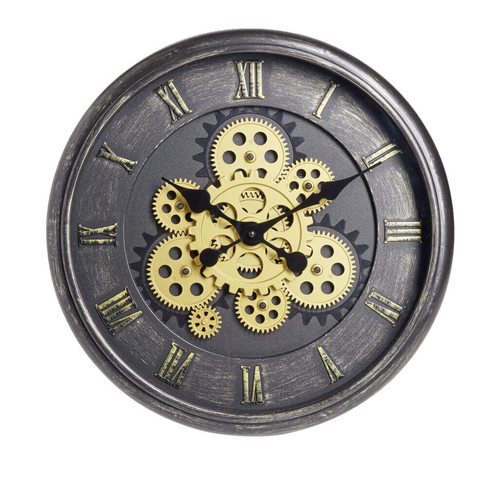 Horloge ronde motif engrenage plastique noir et doré Ø40cm