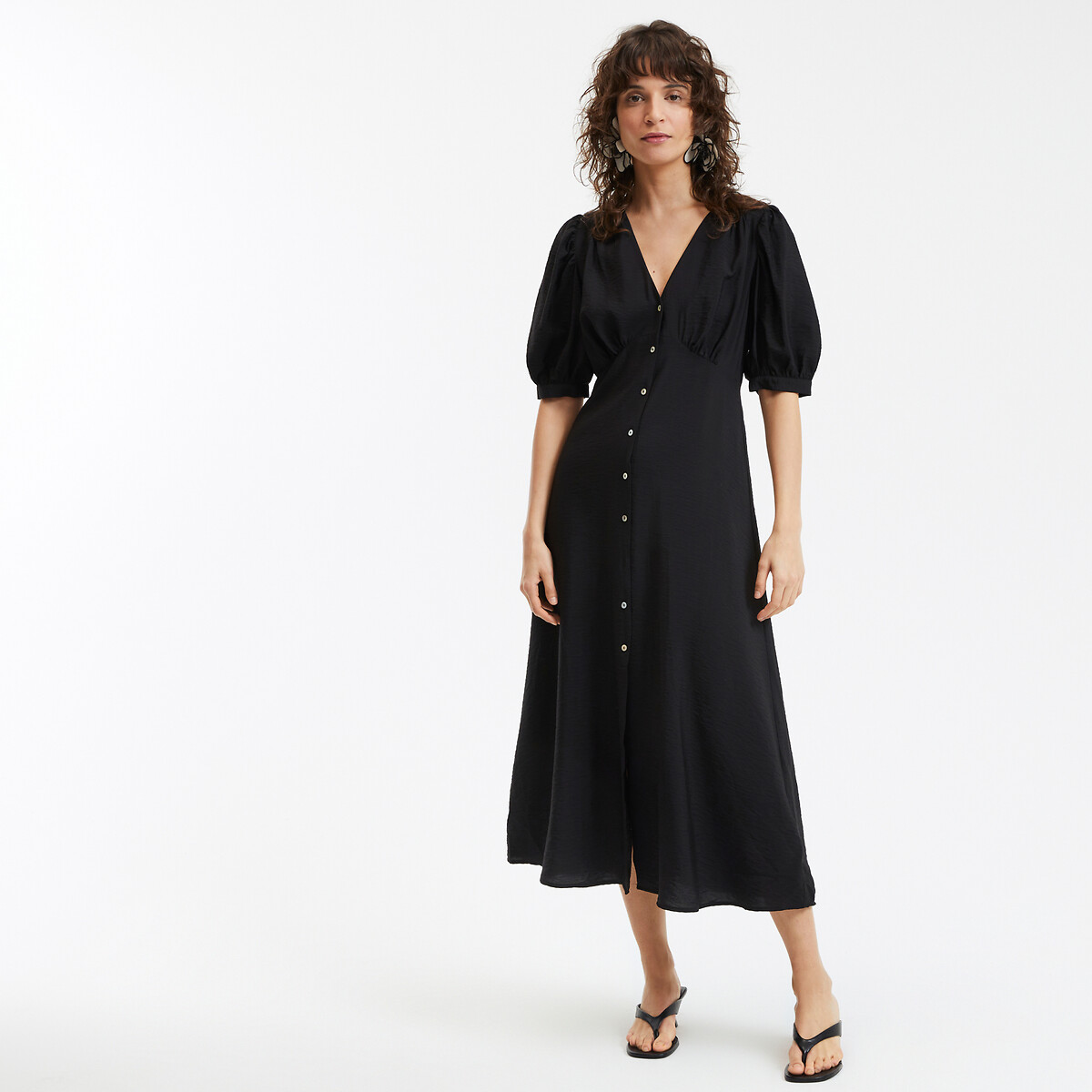COLEÇÃO LA REDOUTE<br>Vestido longo, decote em V, mangas até o cotovelo