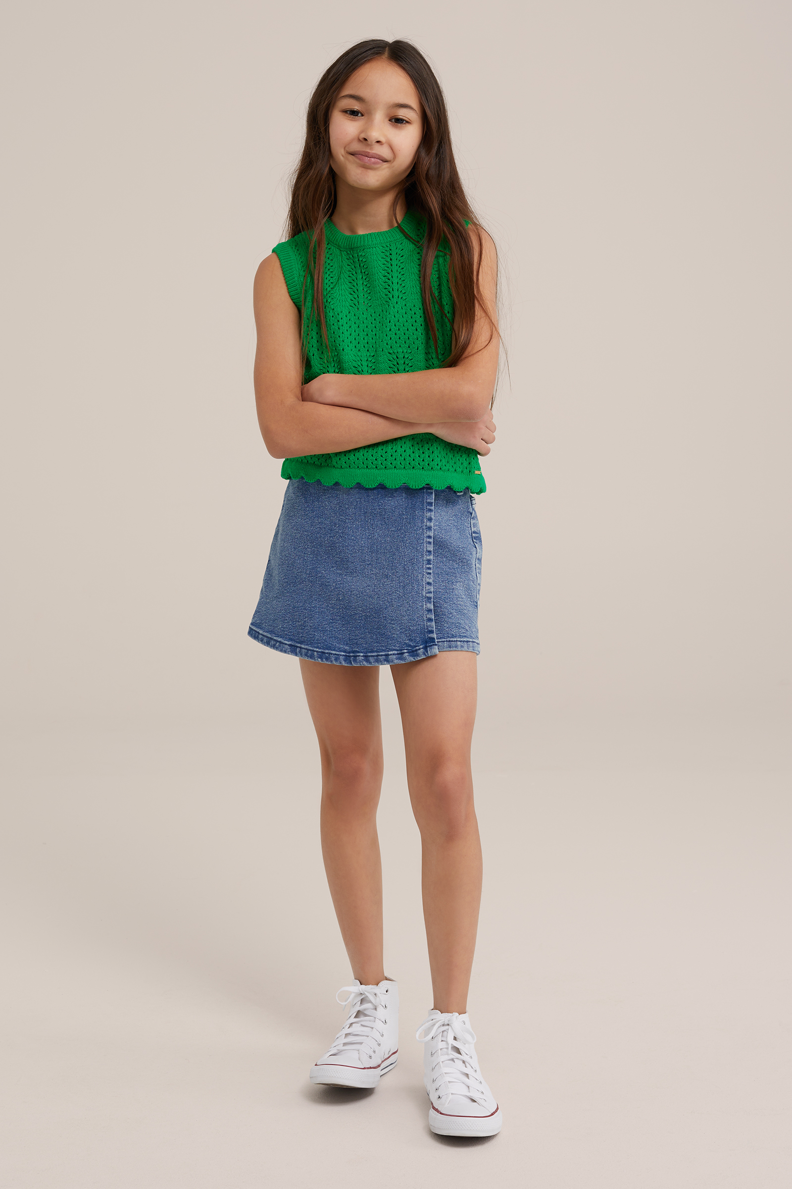 Meisjes singlet met opengewerkt dessin WE Fashion Felgroen
