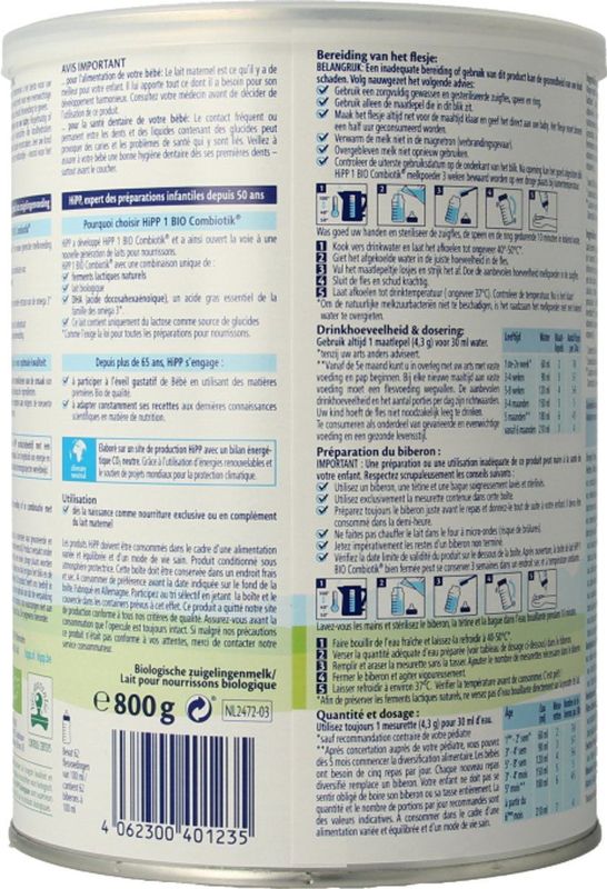 HIPP - Combiotik Zuigelingenmelk Bio - 1 L - Magere Melk - Natuurlijke Ingrediënten