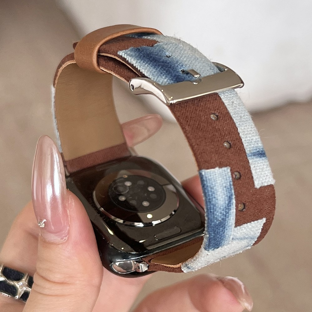 Apple Watch (49/46/45/44 mm) Leder und Jeans Patchwork Armband mit Dornschliesse (Gelenkumfang: 130 - 210 mm) - Braun / Blau