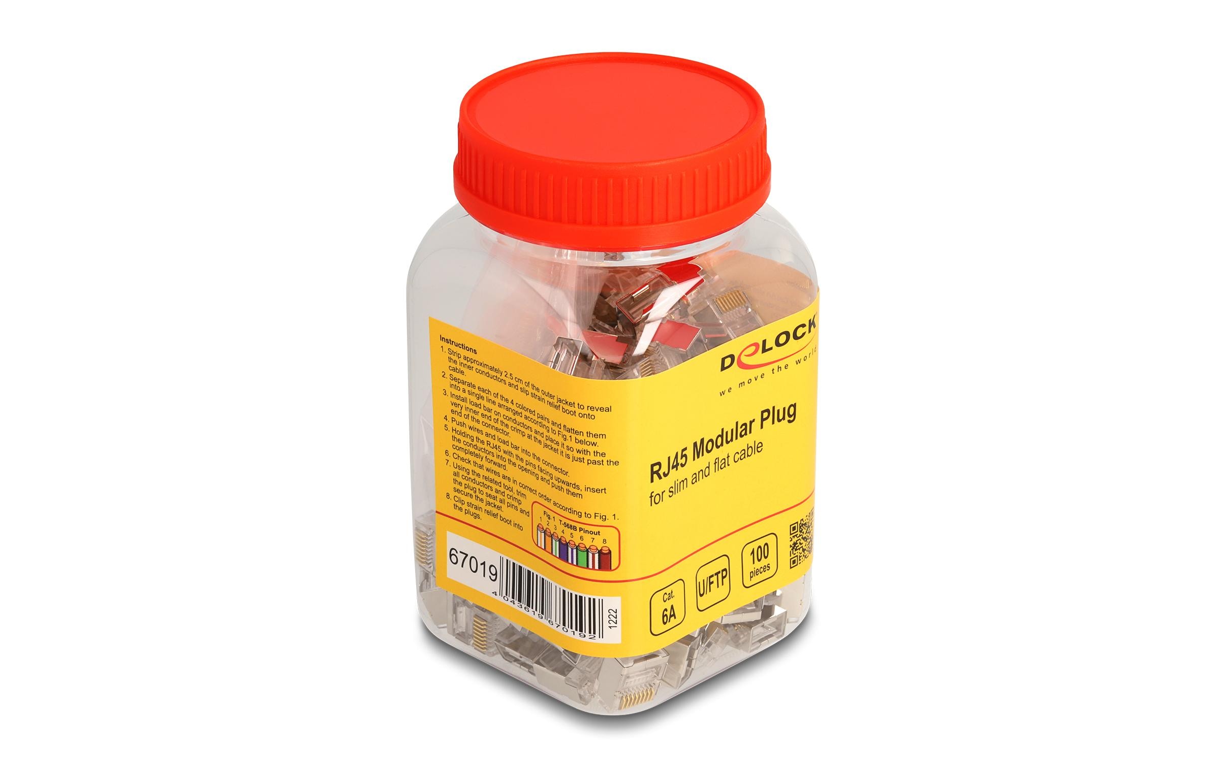 Stecker RJ45, Cat.6A 100 Stück, TransparentDelock RJ45 Modularer Stecker Cat.6A für Slim und Flachbandkabel 100er Set