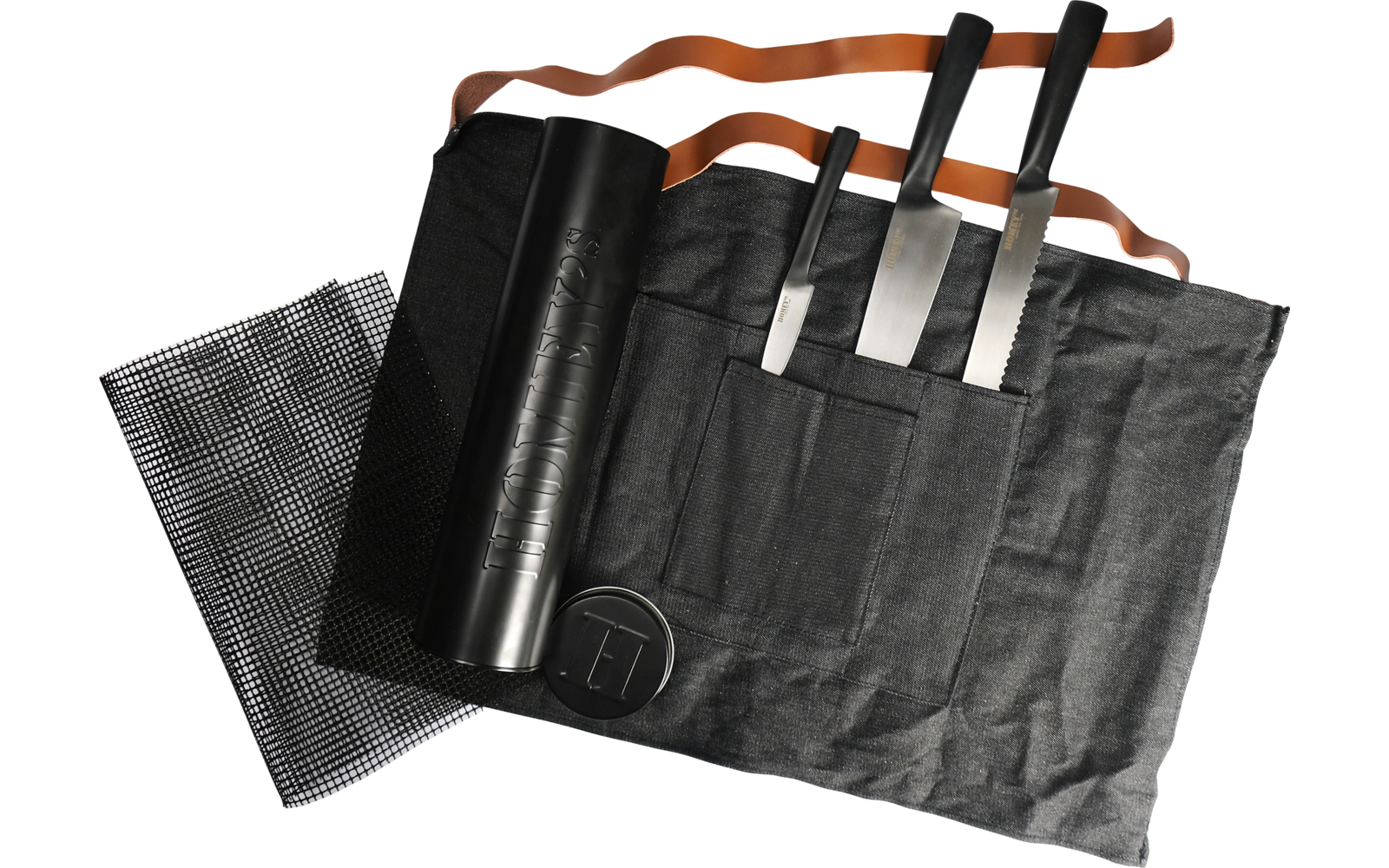Homeys Grilla Grillset 5teilig mit drei Messern Grillmatte Küchenschürze Restedose