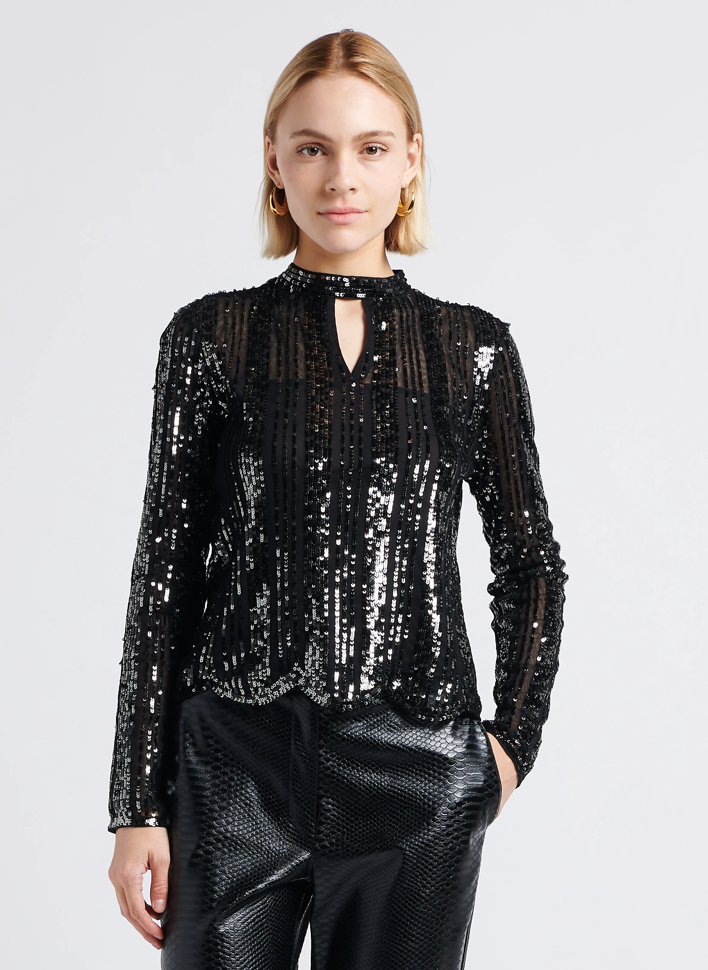 Top col rond à sequins| Noir