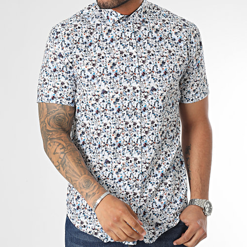 Chemise Manches Courtes Blanc Bleu Clair Floral
