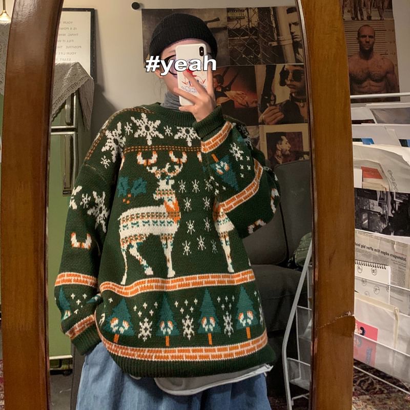 Dubbelwit - Unisex lange mouwen hertenprint losse kersttrui