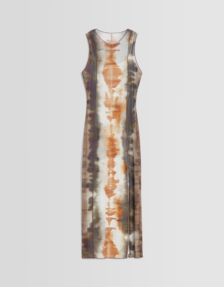 Vestido midi de tule estampado sem mangas
