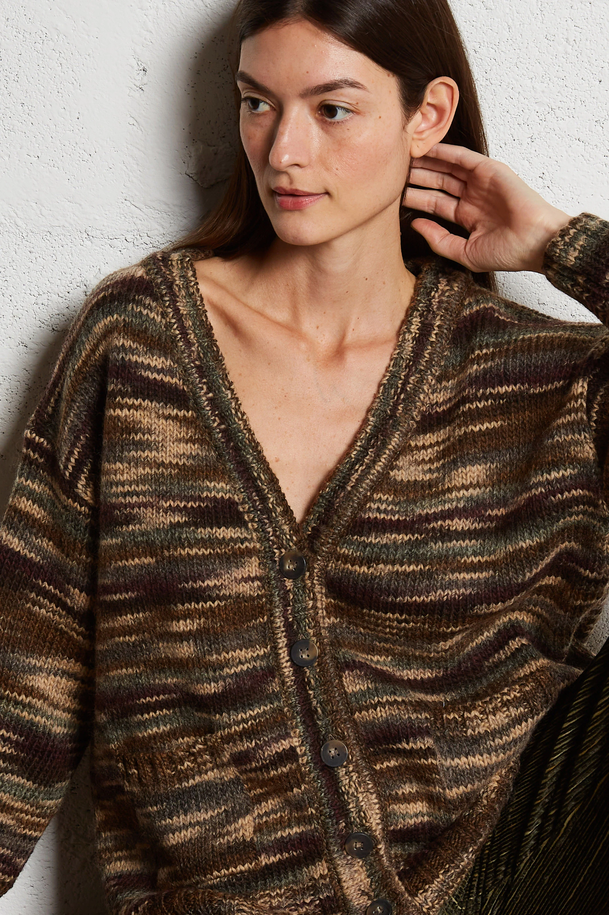 GIKO - Cardigan rayé en laine mélangée | Marron