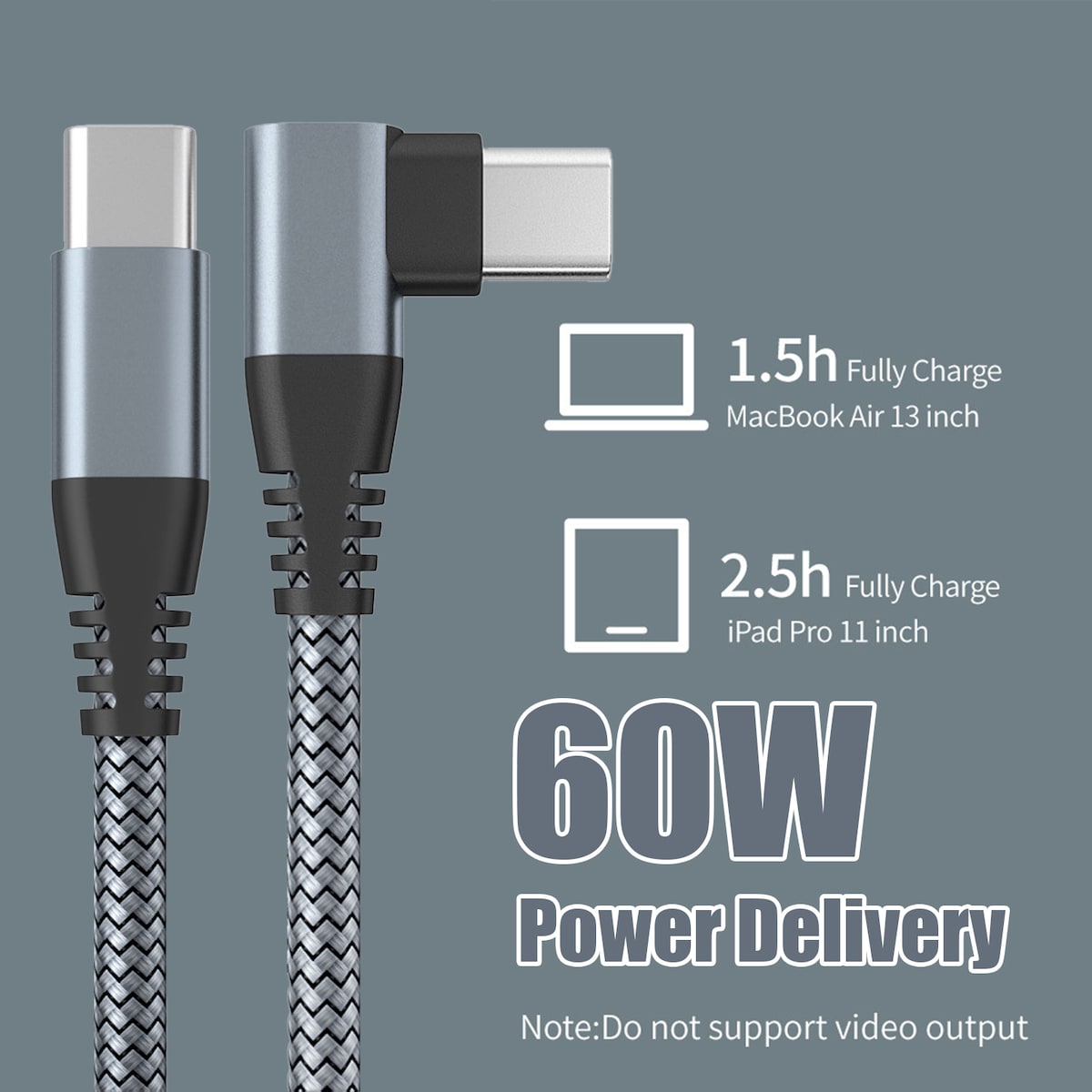 USB-C lader med vinklet kontakt 60 W hurtiglading Grå 2 m