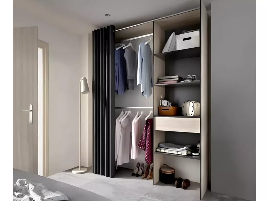Armoire dressing en bois mélaminé avec penderies, 1 tiroir et 1 rideau coloris chêne naturel, graphite - Longueur 160 x Profondeur 50 x Hauteur 205 cm