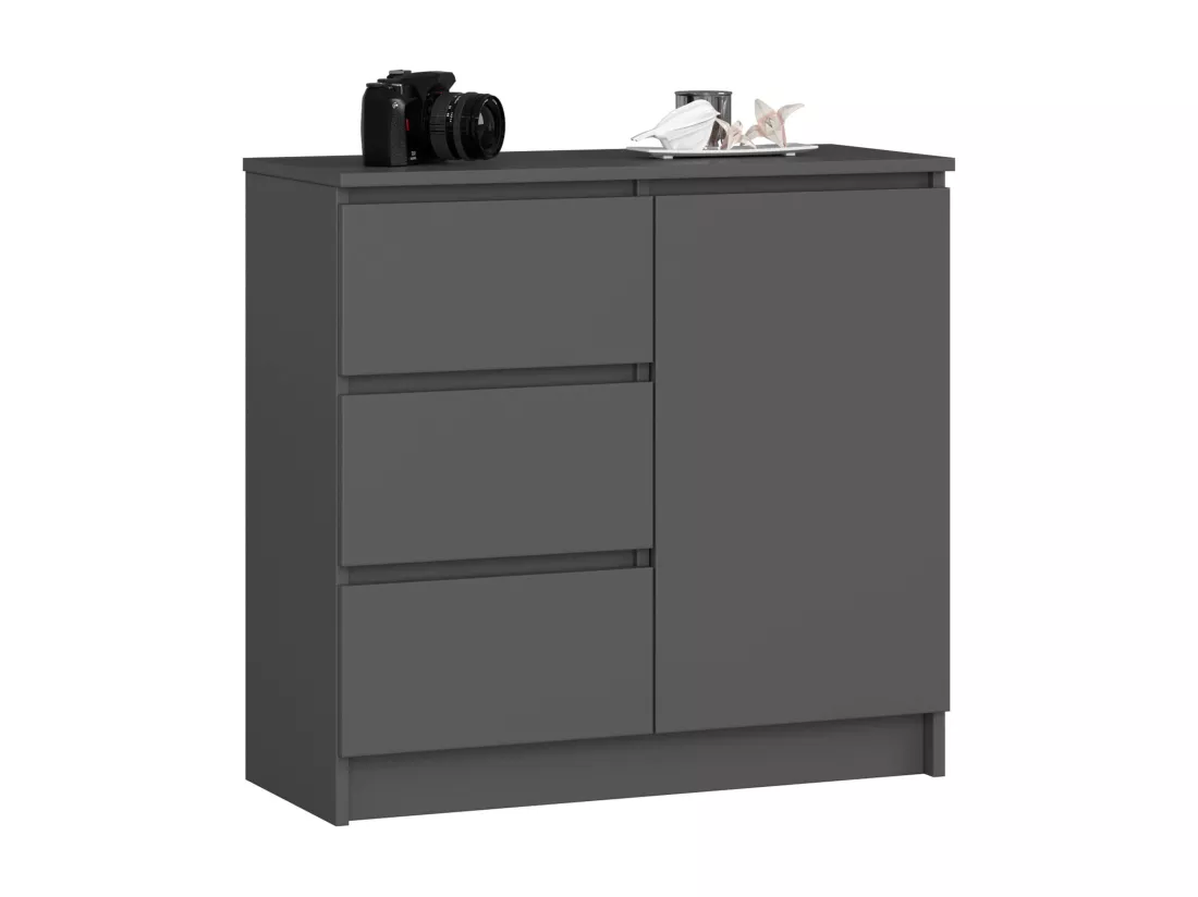 Commode AKORD JERRY Gris Graphite 80 cm 1 porte 3 tiroirs façade Gris Graphite 2 étagères 80x35x77 cm