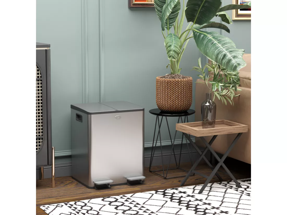 Poubelle manuelle tri selectif 2 bacs capacité totale 20L acier inox. brossé