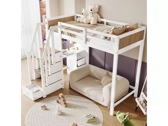 Lit superposé pour enfants 90x200cm, bureau avec 3 tiroirs, armoire à échelle 4 sections, étagères ouvertes, blanc + couleurs naturelles