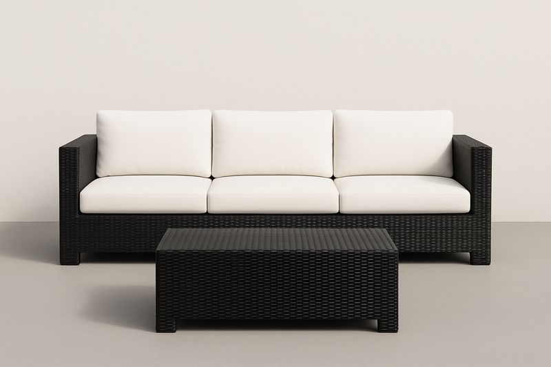 Rattansofa-Set 3-Sitzer mit Couchtisch Polyethylen Weiß/Schwarz