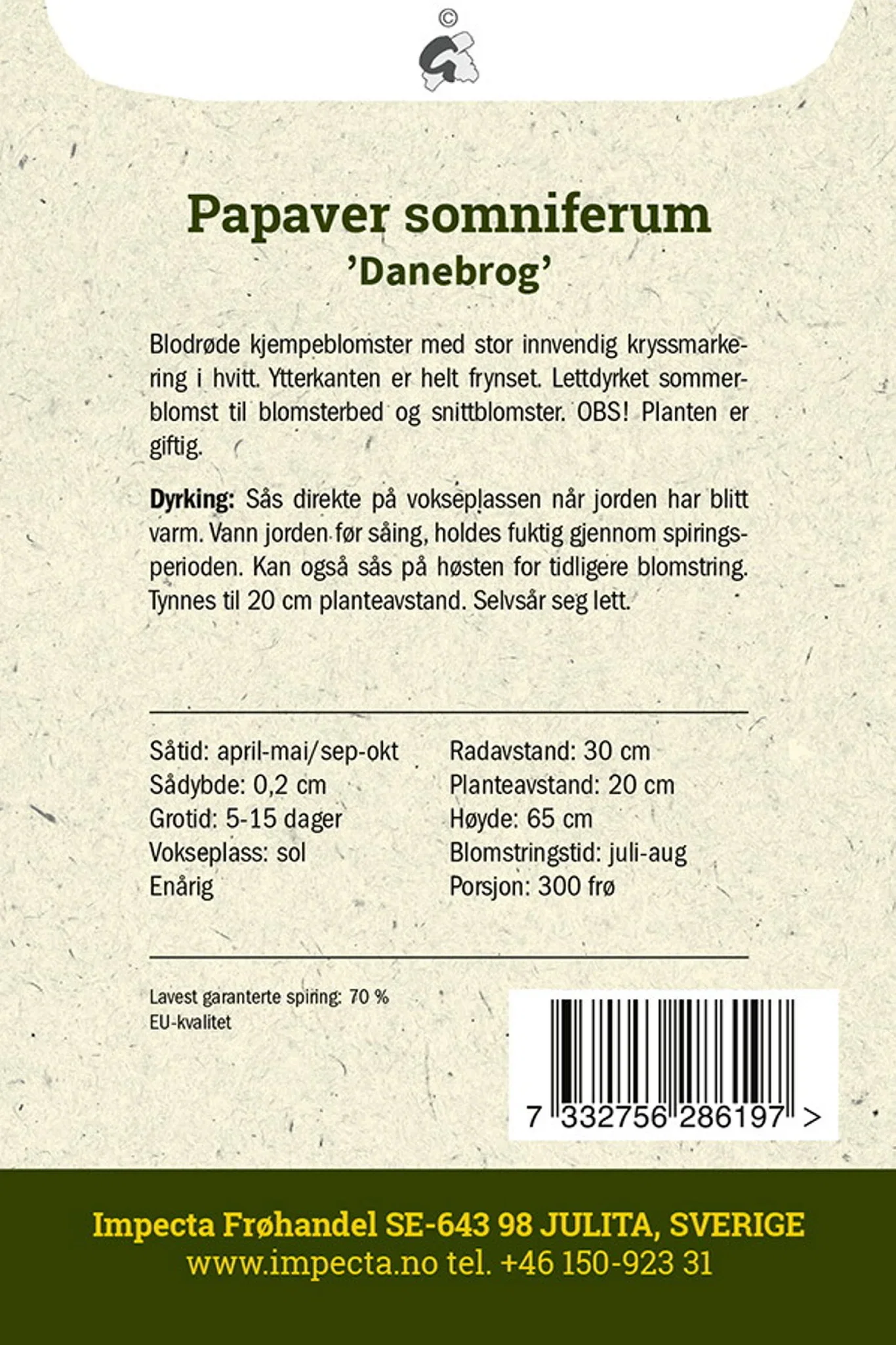 Papaver somniferum 'Danebrog' Opiumsvalmue 'Danebrog'