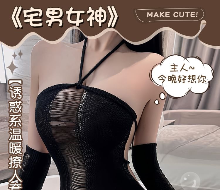 Candyiry - Lingerieset: halterjurk met distressed breisel + mouwtjes