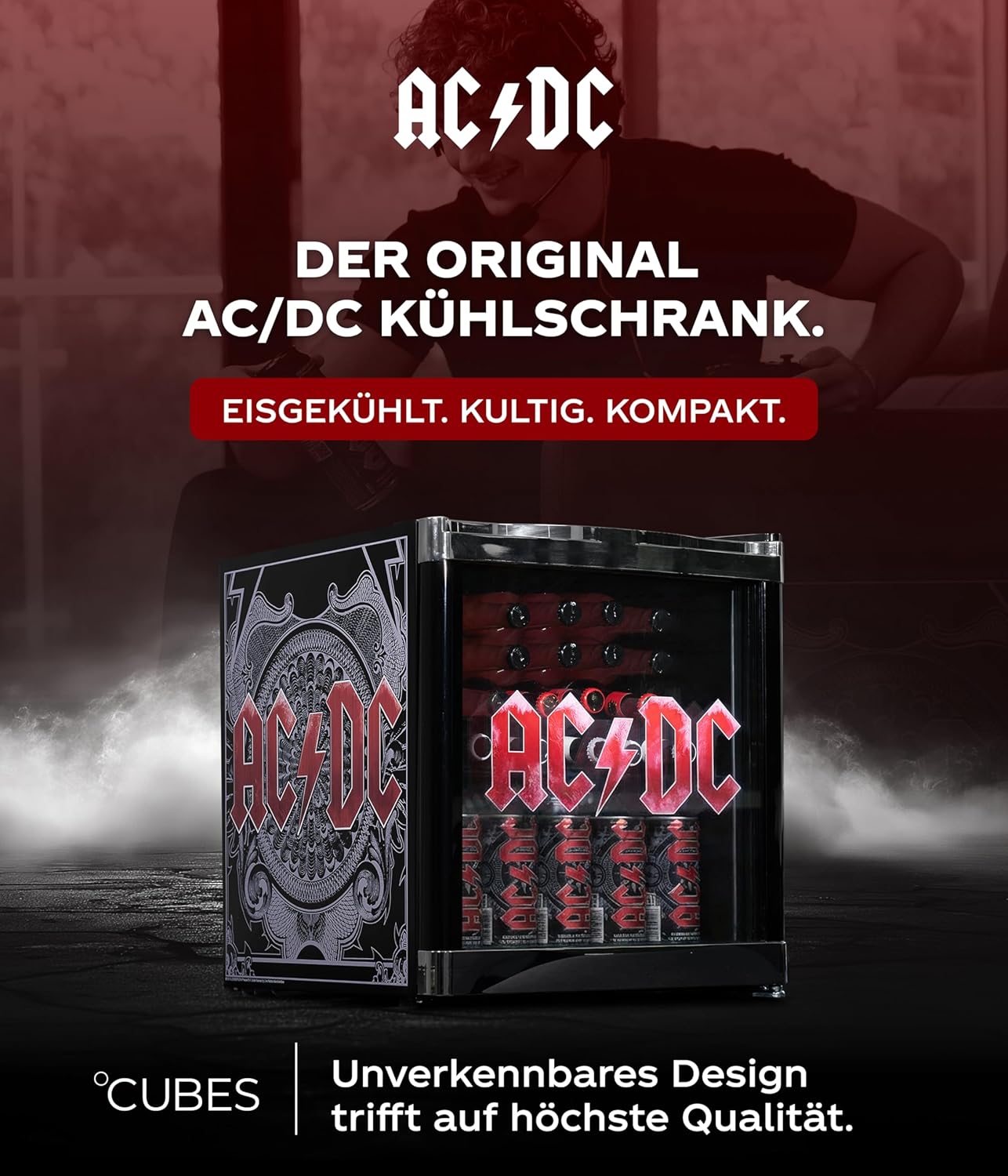 CUBES AC/DC Mini Kühlschrank 48 L – Getränkekühlschrank mit Glastür & wechselbarem Türanschlag | Leise & energieeffizient (39 dB) | Perfekt für Bar, Büro & Gaming | Kult-Design für Rockfans