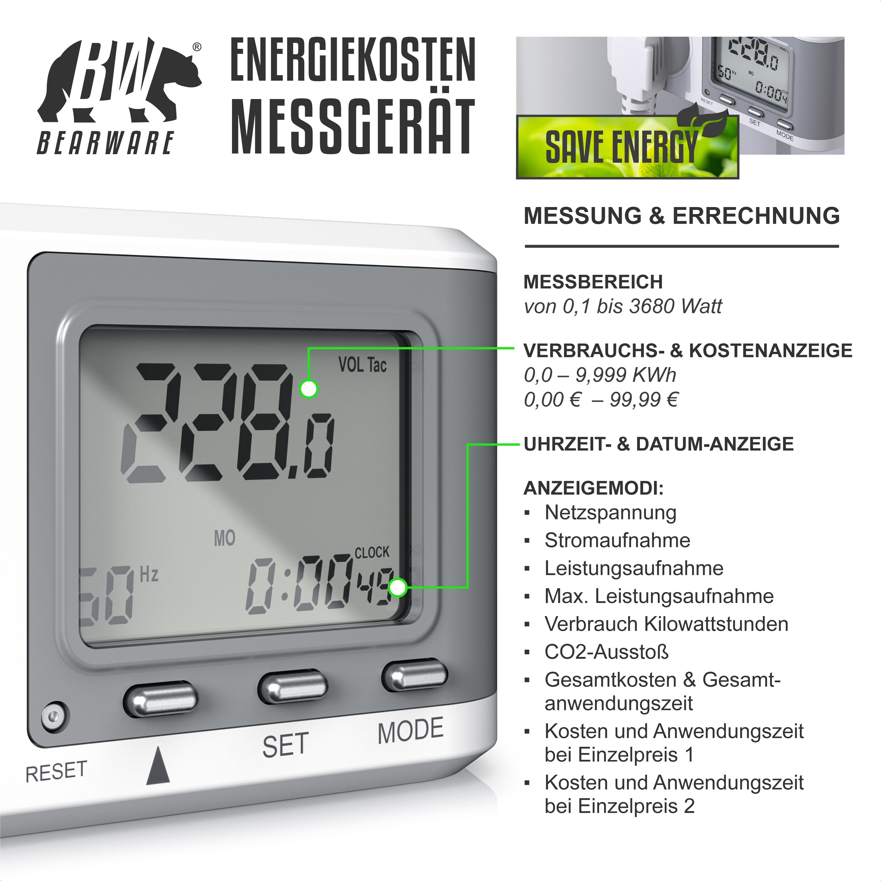BEARWARE Energiekostenmessgerät - Stromverbrauchszähler, Energiekosten Anzeige - Stromzähler - 3680W - Energiemessgerät