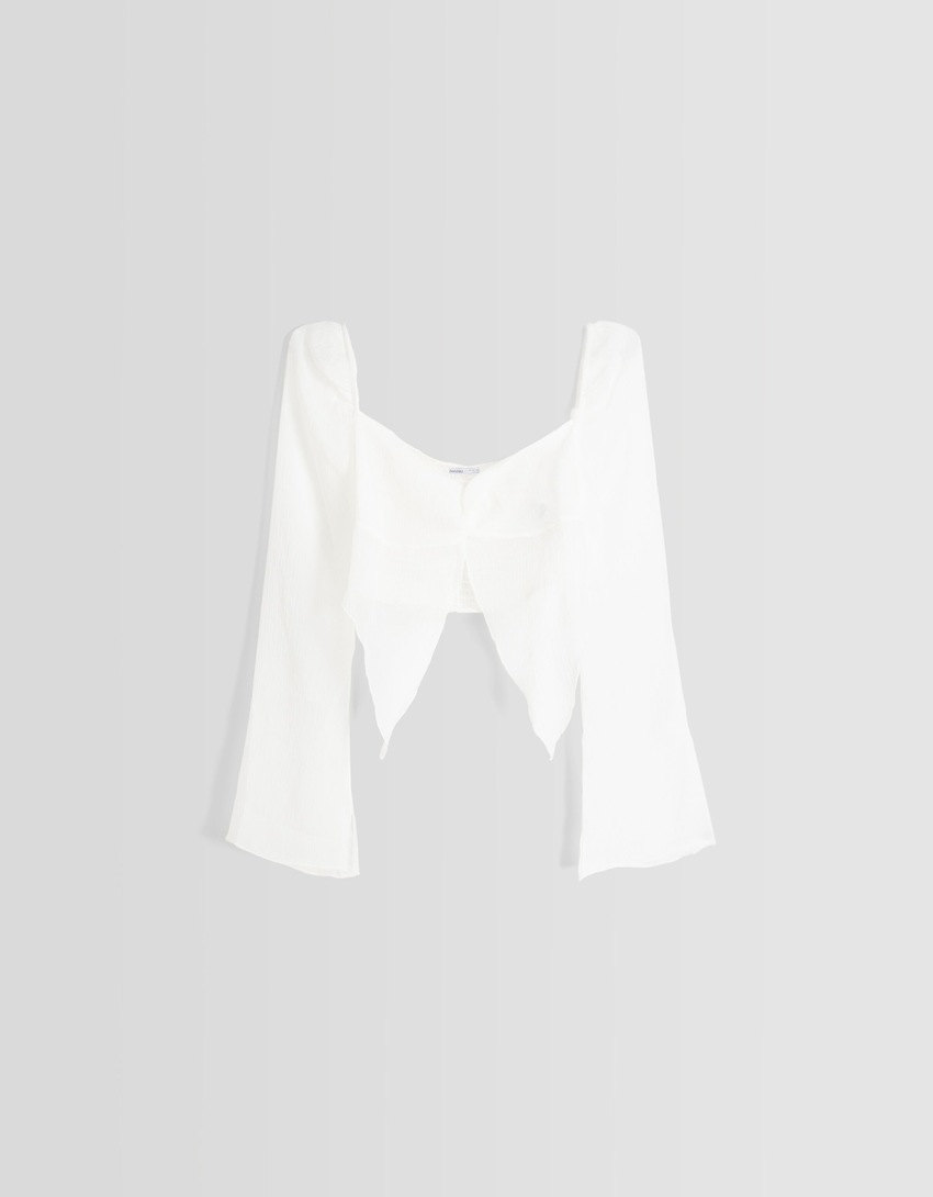 Blusa cropped de manga comprida com detalhe em chiffon