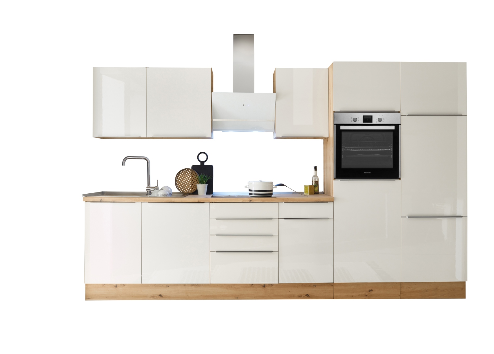 RESPEKTA Küchenblock - weiß Hochglanz-Artisan Eiche Sägerau - mit E-Geräten - 340 cm