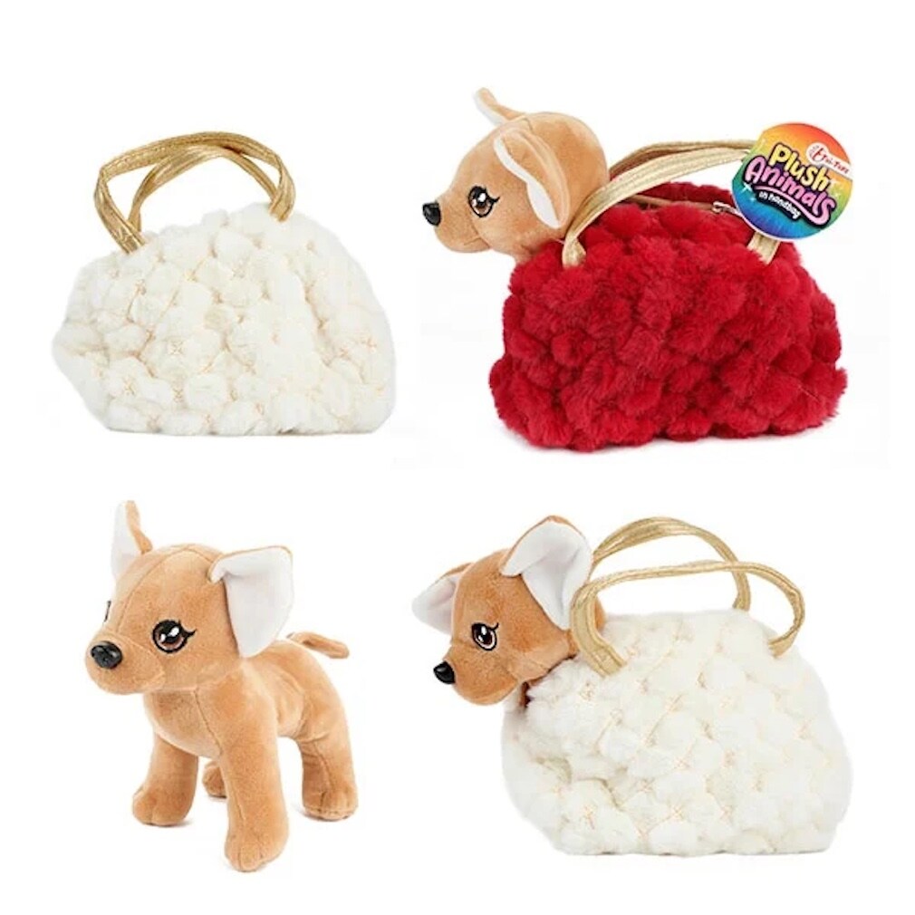Plüschhund Chihuahua in einer Plüschhandtasche