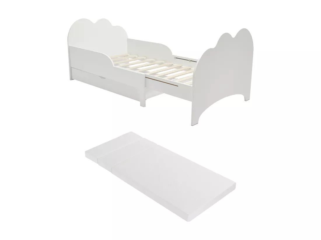 Lit évolutif 90 x 140/170/200 cm avec tiroir - Pin et MDF - Blanc + Matelas - TEONIA
