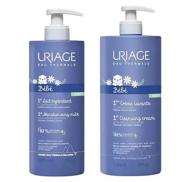 Creme de Limpeza Facial e Corporal Uriage Baby 1L + Loção Hidratante Facial e Corporal Uriage Baby 1ª linha 500ml