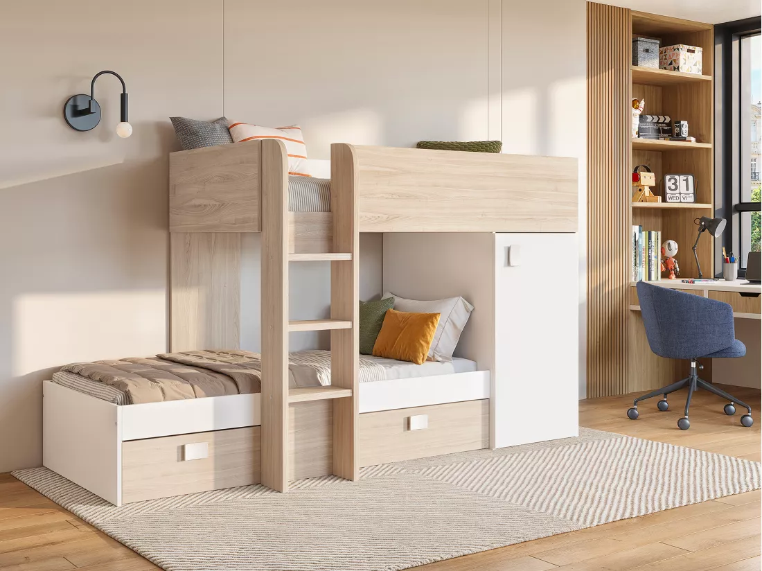 Lits superposés d'angle réversibles RICARDO - 2 x 90 x 190 cm - Rangements intégrés - Chêne et blanc