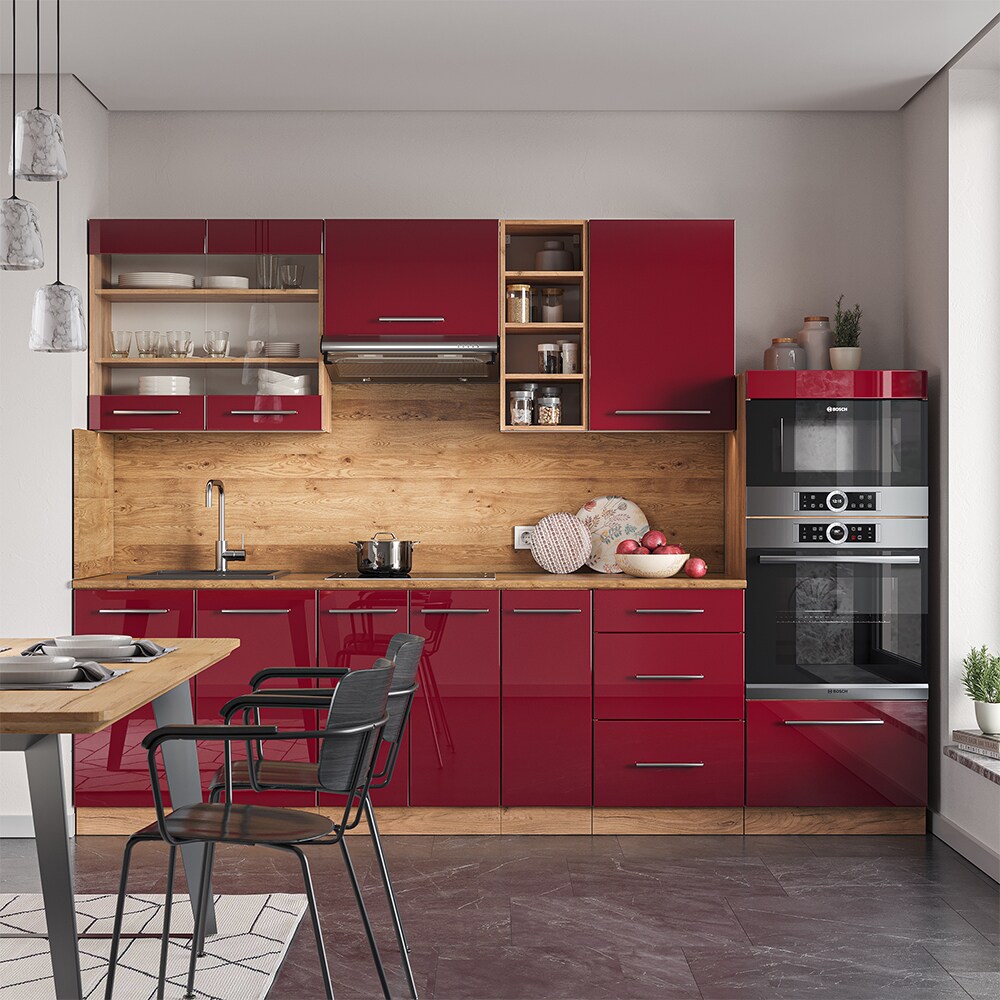 Vicco Küchenzeile Küchenblock Einbauküche Fame-Line Eiche Bordeaux Rot 280 cm modern Spülenunterschrank Unterschrank Schubunterschrank Hängeschrank Mikrowellenschrank Apothekerunterschrank