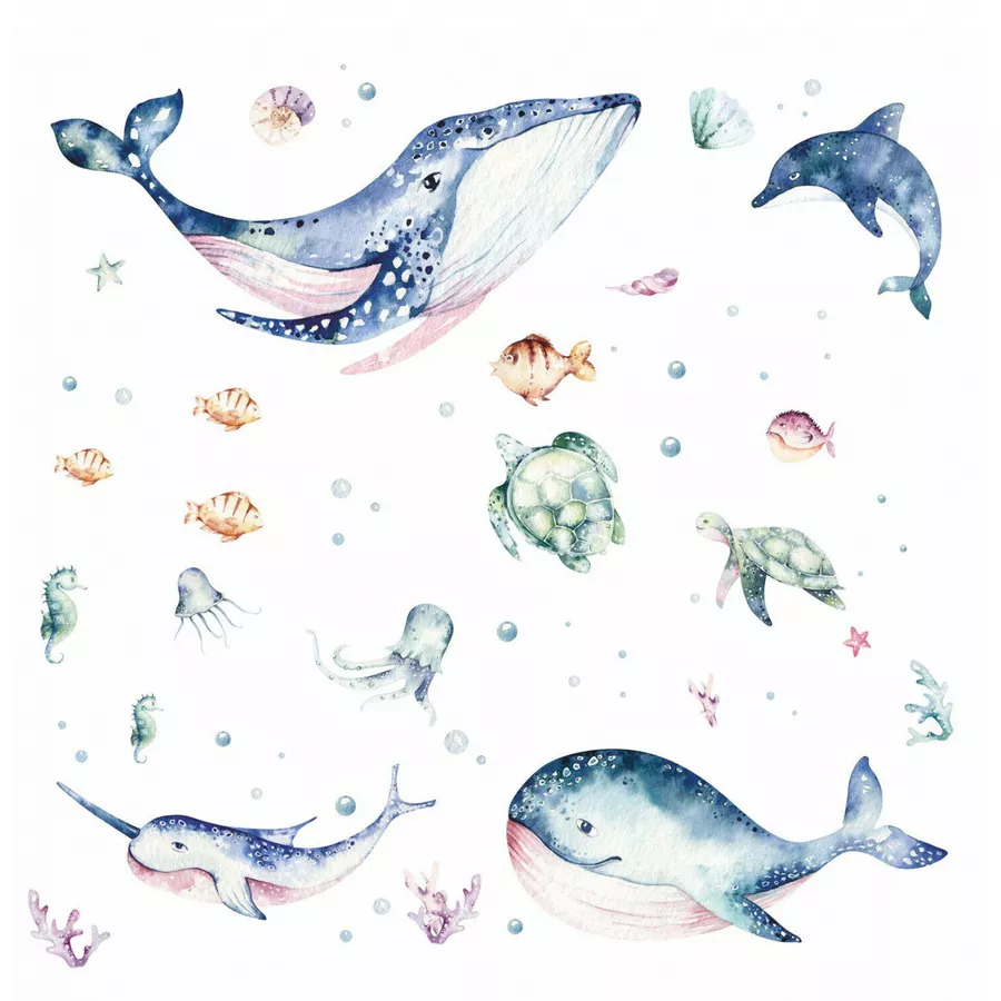 Nikima Wandtattoo 205 Meerestiere Aquarell - Wal Delfin Schildkröten in 6 vers. Größen braun
